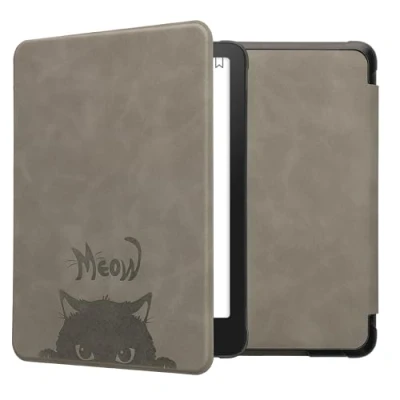 Afbeelding van kwmobile e reader hoesje geschikt voor Amazon Kindle Paperwhite (12. Gen 2024)/Kindle Colorsoft hoes Ereader flip case met standaard Kunstleren cover Kat Meow design in grijs / zwart