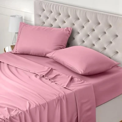Afbeelding van Utopia Bedding 4 Delig Beddelakenset (Voor Beddenmaat 135x190 cm, Roze) Polyester Microvezel Stof 1 Hoeslaken &amp; Vlakke laken met 2 Kussenslopen 50x75 cm
