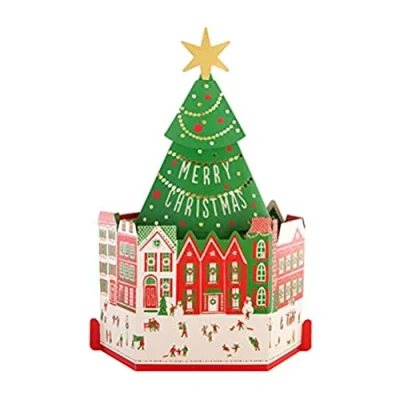 Afbeelding van Hallmark kerstkaart, kerstboom, stadsplein ontwerp, pop up 3D papier wonder, groen