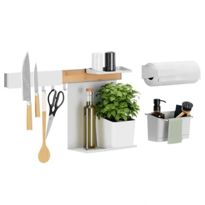 Afbeelding van tesa Keukenorganizer Combi Set XL Zelfklevende Keukenrail, Kruidenpot, 2 Planken, Organizer voor gootsteen, Messen + Keukenrolhouder, Haakrail incl. 3 Haken Installatie zonder Boren Bamboe/Wit