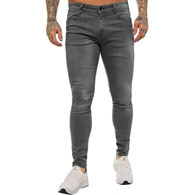 Afbeelding van 989Zé ENZO Heren Super Skinny Slim Fit Stretch Jeans Denim Broek EZ326 Alle Taille Maten UK, Donkergrijs, 34W / 32L
