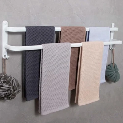Afbeelding van Handdoekhouders Muurbevestiging 2 Tier Handdoekrek Met Haken Aluminium 80cm Wit Badkamer Handdoekhouder Zelfklevend Geen Vervaging Voor Keuken Toilet Hotel Kantoor