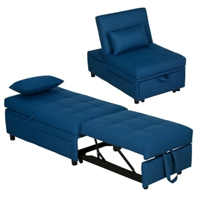 Afbeelding van HOMCOM 3 in 1 Schlafsessel mit Bettfunktion, ausziehbares Schlafsofa, Schlafstuhl Seitentasche, Verstellbarer Rückenlehne, bis 150 kg belastbar, für Wohnzimmer,Schlafzimmer, Blau