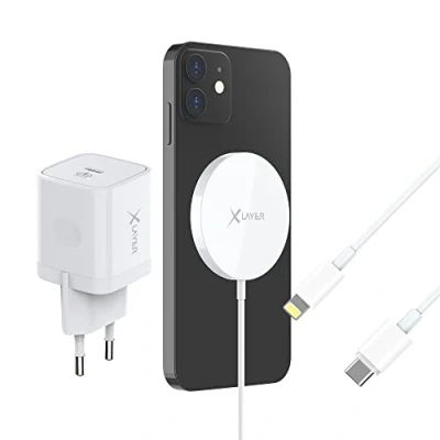 Afbeelding van XLayer Wireless Magnetic Starterkit Snellader kit voor iPhone Magnetische draadloze oplader 15W USB C naar Lightning MFI kabel 20W PD wandlader snelladen wit