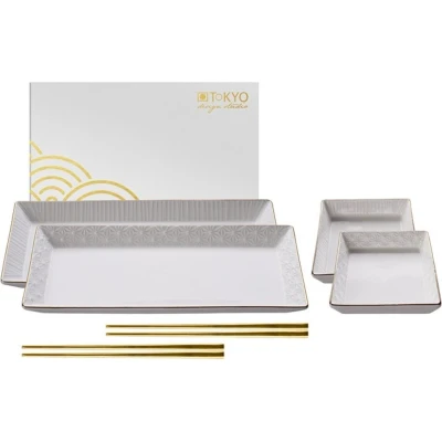 Afbeelding van Tokyo Design Studio Nippon White Gold Rim sushi serviesset met eetstokjes 4 delig Wit