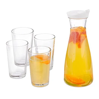 Afbeelding van Relaxdays Waterkan met glazen schenkkan 1L schenkdop 4 drinkglazen transparant