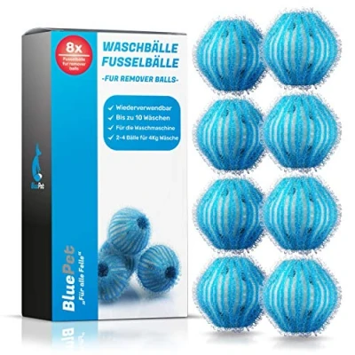 Afbeelding van BluePet 8 x pluisballen voor de wasmachine, verwijdert dierenharen, pluisjes en pluisjes, haarvanger wasdroger, herbruikbare pluisballen, ook als dierenhaarverwijderaar drogerballen