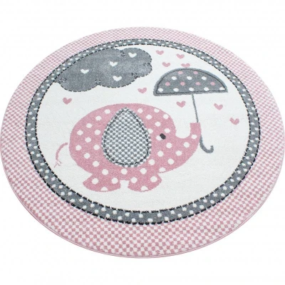 Afbeelding van Rond Kindervloerkleed Anna Olifant Paraplu Roze Ø 120cm Adana Carpets