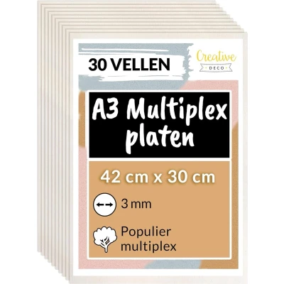 Afbeelding van Creative Deco 30 x A3 Multiplex Platen 3mm 420 300 3 mm Hout Ideaal voor Huisdecor, Ambachten, Laserknipsel, CNC Machine, Rolzaag, het Stenciling, Pyrografie