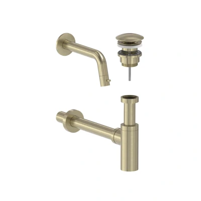Afbeelding van MAY Combiset: Fonteinkraan wandmodel, designplug always open &amp; designsifon Geborsteld mat goud PVD