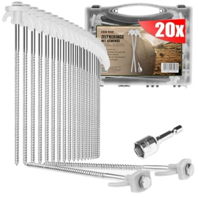 Afbeelding van com four® 20x tentharingen van staal schroefharingen in transportdoos robuuste grondharingen met schroefdraad voor kamperen en buiten ideaal harde grond