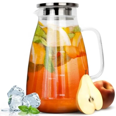 Afbeelding van HEFTMAN 2 Liter Glazen Kan met Deksel Waterkaraf Gemaakt van Hittebestendig Borosilicaat, Kruik voor Ijsthee, Sap, Melk, Sangria, Koffie, Warme of Koude Dranken ﻿Waterkan 2L