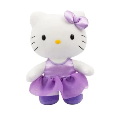 Afbeelding van Hello Kitty Giochi Preziosi Zacht pluche dier, 30 cm hoog, met modieuze outfit, paarse satijnen jurk en bijpassende strik, voor kinderen vanaf 3 jaar