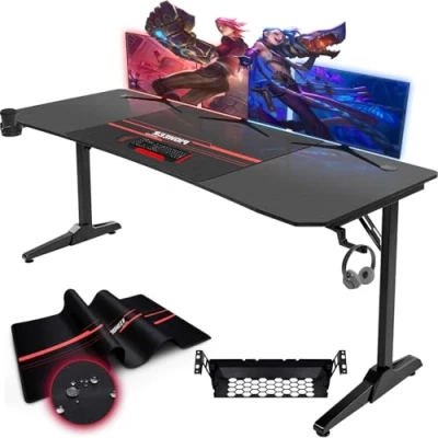 Afbeelding van Devoko Gaiming tafel 180 cm, gamingbureau, gamer, computertafel, ergonomische pc met kabelopbergdoos, bekerhouder en hoofdtelefoonhouder, T vormig (zwart, x 70 75 cm)