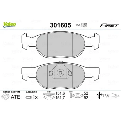 Afbeelding van VALEO 301605 Remblokkenset FIRST Vooras Incl. slijtage waarschuwingscontact Zonder anti kreukplaat FIAT: Punto II Hatchback, I Hatchback