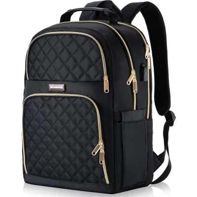 Afbeelding van Rugzak voor dames, 15,6 inch, schoolrugzak, meisjes, tieners, met USB oplaadaansluiting, laptoprugzak, stijlvolle dagrugzak, waterdicht, school, universiteit, reizen, werk, zwart