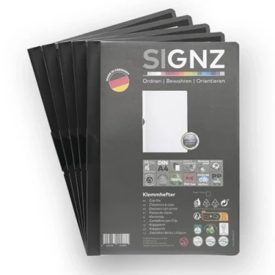 Afbeelding van SIGNZ Klemhechtmappen DIN A4, 5 stuks, zwart, voor maximaal 30 vellen, CO2 neutraal geproduceerd, made in Germany