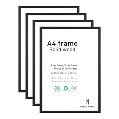 Afbeelding van Fotolijst in A4 formaat, zwart houten certificaatframe voor muurbevestiging of tafelblad, set van 4 stuks, 21 x 30 cm