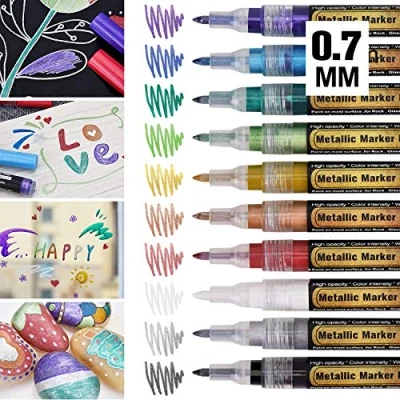 Afbeelding van metallic markeerstiften met dunne punt, 0,7 mm permanente superfijne pen, 10 kleuren pennen voor het maken van kaarten, doe zelf fotoalbum, scrapbooking, gastenboek, bruiloft, papier,