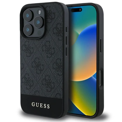 Afbeelding van Guess 4G Bottom Stripe Hoesje Geschikt voor Apple iPhone 16 Pro Back Cover Zwart