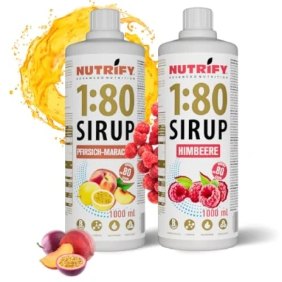 Afbeelding van NUTRIFY Vital Fitness Drink 1:80 siroop 2x1 L set perzik maracuja &amp; framboos, drankconcentraat met vitaminen carnitine suikervrij 160 liter sportdrank caloriearm 2 pack, x 1000 ml