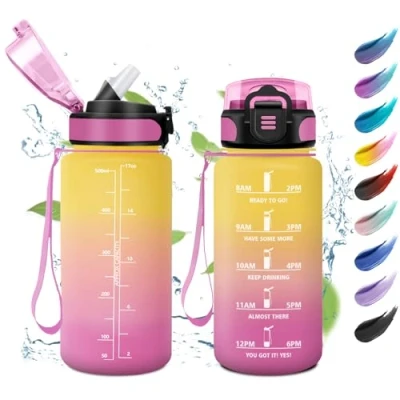 Afbeelding van drinkfles voor kinderen, 500 ml, waterfles kinderen met rietje, lekvrije drinkfles, geschikt koolzuur, motiverende tijdmarkering, yoga, school, camping, kantoor