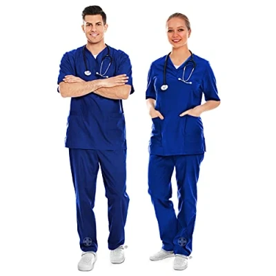 Afbeelding van AIESI® Medische Uniform Man Vrouw van 100% gesanforiseerd katoen Broek en Kasack V hals (Blauw Royal, 3XL)