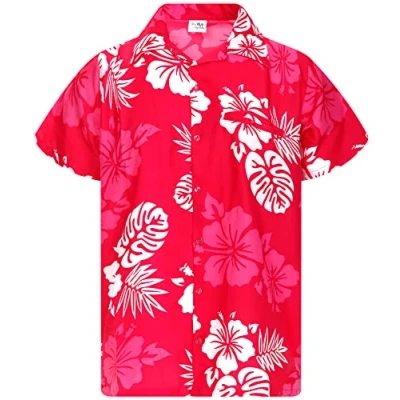 Afbeelding van King Kameha Heren strandshirt korte mouwen Casual Button Down Hawaii vakantie, Mono hibiscus design roze wit, 3XL