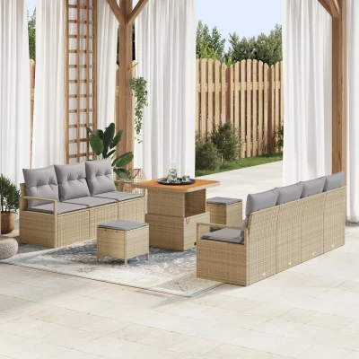 Afbeelding van vidaXL 10 delige tuinbankset met kussens Beige Poly Rattan Acacia, 2 zits tuinbank Rattan, 3 tuin eetset Acacia