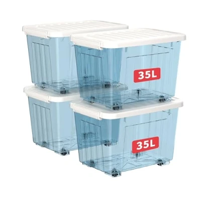 Afbeelding van Cetomo 35L* 4 Plastic Opbergdoos, Helder Blauw, Draagtas, Organiserende Container met Duurzaam Deksel en Veilige Klink Gespen, Stapelbaar Nestable, 4Pack, Gesp