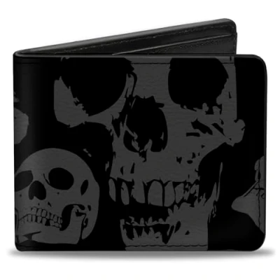 Afbeelding van Buckle Down Opvouwbare portemonnee van polyurethaan voor heren, reisaccessoire, bi Fold portemonnee, meerkleurige zwarte doodshoofd, 10,1 cm x 8,89