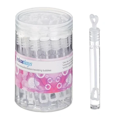 Afbeelding van Relaxdays bellenblaas bruiloft, set van 24, stokjes met hartjes, bruidspaar verwelkomen, uitdeelcadeau gasten, wit