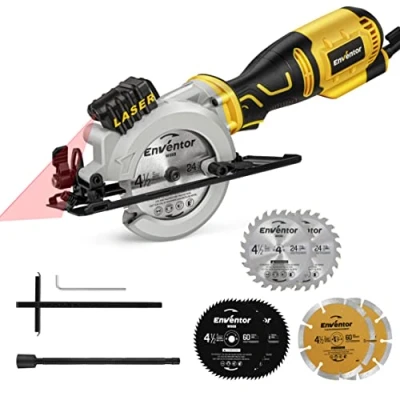Afbeelding van Mini cirkelzaag, ENVENTOR handcirkelzaag 705W, 3500 RPM, lasergeleider, 6 bladen Ø115 mm, snede: 42.8 mm/90º, 28 mm/45º, voor het zagen van tegels, hout, zacht metaal