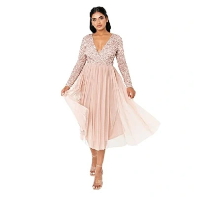 Afbeelding van Maya Deluxe Vrouwen Dames Bruiloft Gast Midi Jurk Lange Mouw Diep hals V Pailletten Verfraaid Afstuderen Bruidsmeisje, Taupe Blush, 48 EU