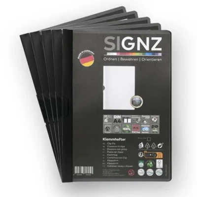 Afbeelding van SIGNZ Klemhechtmappen DIN A4, 5 stuks, zwart, voor maximaal 60 vellen, CO2 neutraal gemaakt, made in Germany