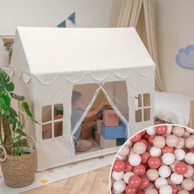 Afbeelding van KiddyMoon Speelhuis Kindertent Met 400 Ballen Voor Kinderen Kinderhuis Opvouwbaar Ontwerp Speeltent Indoor Creativiteit Binnen En Buiten Kinderkamer, Natuurlijke Kleur:Wit/Parel/Pastel Beige/Groen Grijs