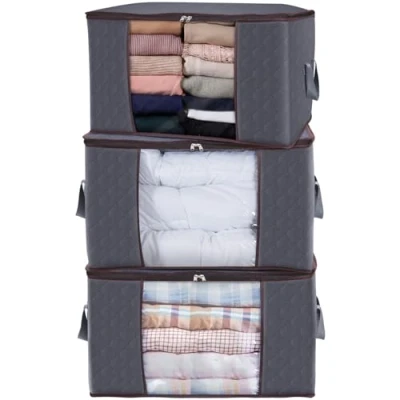 Afbeelding van Lifewit Grote Opbergtas voor Kleding met Versterkte Handgreep Dikke Stof Dekbedden, Dekens, Beddengoed, Opvouwbaar Stevige Ritssluiting, Transparant Venster (3 x 90L, Grijs)