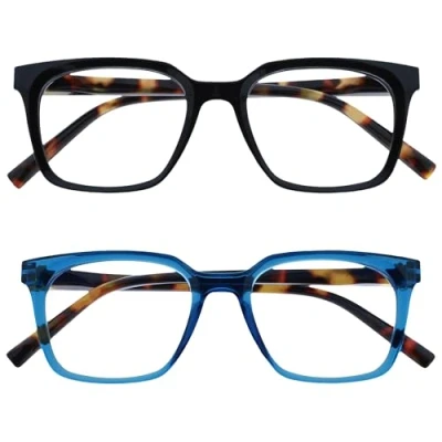 Afbeelding van OPULIZE KOI Leesbrillen 2 Pack Groot Rechthoekig Montuur Zwart Blauw Heren Dames Veerscharnieren RR50 13 +3.00