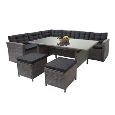 Afbeelding van Mendler Polyrotan garnituur HWC A29, tuinset zitgroep lounge eettafel set sofa + 2X kruk grijs, kussen grijs