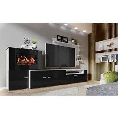 Afbeelding van Skraut Home Meubels voor woonkamer met elektrische open haard 170 x 290 45 cm LED verlichtingssysteem vlameffect Nieuw Olympo model Moderne stijl Wit/zwarte afwerking
