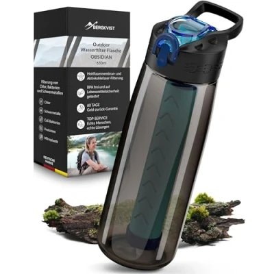 Afbeelding van BERGKVIST® OBSIDIAN Outdoor waterfilter, 650 ml, met kompas, drinkfles filter voor schoon drinkwater, waterzuivering camping , prepper en survivaluitrusting
