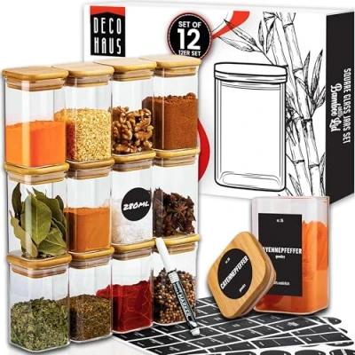 Afbeelding van Deco haus® kruidenpotjes, vierkant, met kruidenetiketten, set van 12 stuks, houten deksel, voorraadpotten, voor het bewaren specerijen, kruidenpotjes specerijen