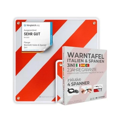 Afbeelding van PLANGER® waarschuwingsbord Italië en Spanje (bord + bagagespanner) 2 in 1 (50 x 50 cm) reflecterend rood wit voor bagagedrager fietsendrager