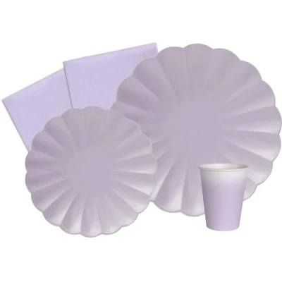 Afbeelding van Ciao Feestservieset Flower Shape voor 8 personen (44 stuks: borden Ø23cm, Ø18cm, kopjes 200ml, 20 servetten 33x33cm) in milieuvriendelijk composteerbaar papier, lavendelpaars violet