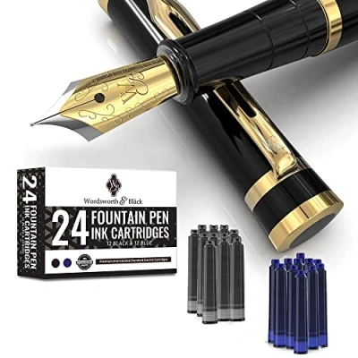 Afbeelding van Wordsworth &amp; Black Vulpennen set, Medium penpunt, inclusief 6 inktpatronen en inktvulomvormer, Geschenkdoos, Kalligrafie, soepele schrijfpennen [Zwart
