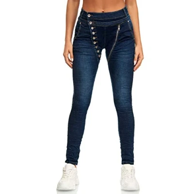 Afbeelding van Elara Dames Jeans Boyfriend Baggy Button Placket Chunkyrayan EL05D1 Dunkelblau 46 (3XL)