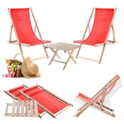 Afbeelding van KADAX Klaptafel met 2 ligstoelen, kleine tuintafel van hout, bijzettafel voor balkon en tuin, koffietafel, klein, balkontafel, inklapbaar (rood)