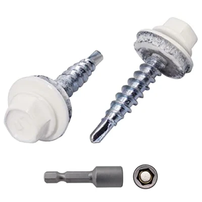 Afbeelding van 50 stuks metalen dakschroeven 4,8 x 35 mm gelakte zelfborende schroeven met EPDM sluitringen, plaatmetalen zeskantschroef (50, zuiver wit RAL 9010)