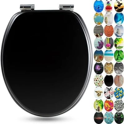 Afbeelding van Sanfino® Wc bril met houten kern en softclose mechanisme hoogwaardige kwaliteit vele kleurrijke motieven, comfortabele zitting, eenvoudige montage inclusief handleiding &quot;All Black&quot;