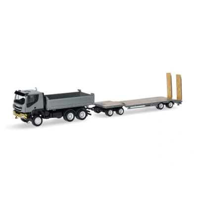 Afbeelding van Herpa vrachtwagen model Iveco Trakker 6x6 Kipper LKW mit TU4 Anhänger, schaal 1:87, voor diorama, modelbouw, verzamelobject, Made in Germany, kunststof